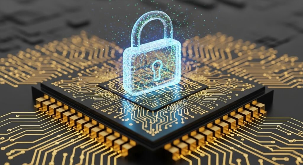 인공지능 프로세서 위에 블록체인 보안 자물쇠가 결합된 형상