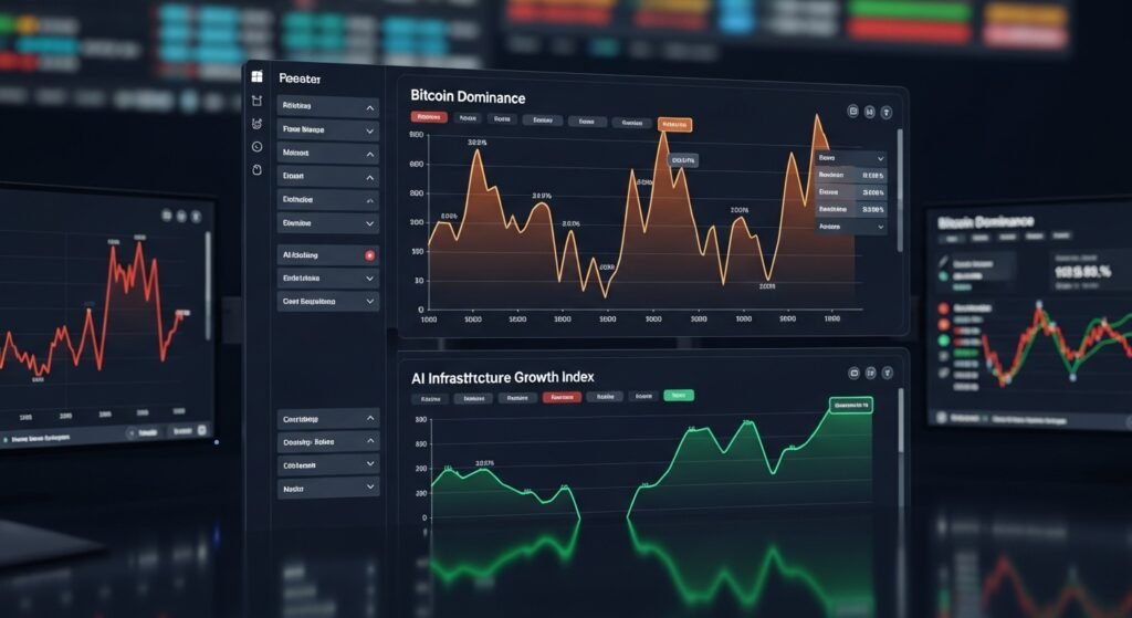주식 시장 대시보드에서 비트코인 도미넌스 그래프와 AI 기술 지수가 교차하는 화면